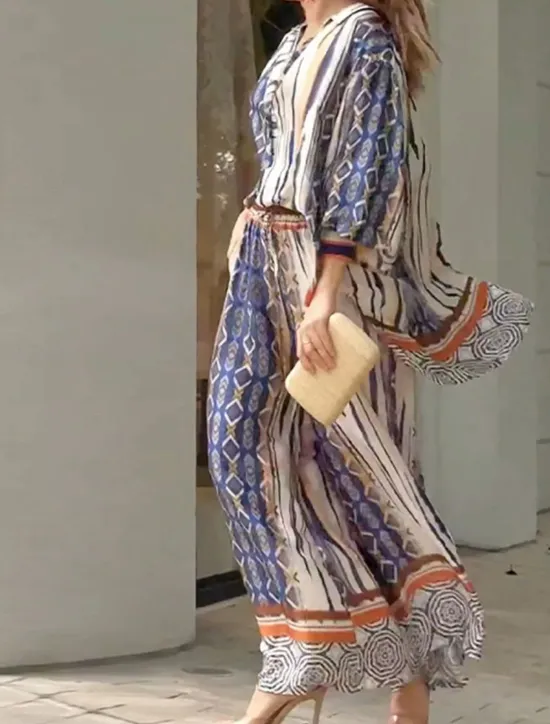 Women's Fashion Streetwear Blouse Wide Leg Pants Long Sleeve Shirt Collar Geometric Formal Party Work Fall Loose Fit Women Two Piece Sets