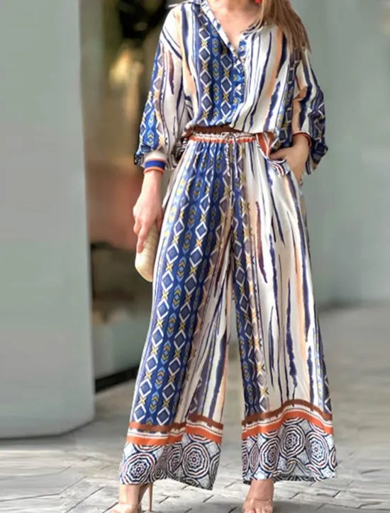 Women's Fashion Streetwear Blouse Wide Leg Pants Long Sleeve Shirt Collar Geometric Formal Party Work Fall Loose Fit Women Two Piece Sets