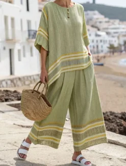 Best Women's Fashion Streetwear Daily Pants Sets Long Sleeve Round Neck Striped Print Casual Daily Red Blue Green Summer Regular Fit Women Two Piece Sets
