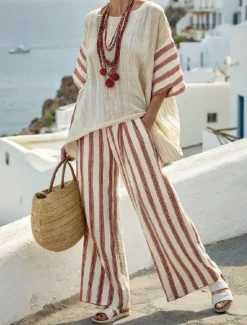Best Women's Fashion Streetwear Daily Pants Sets Long Sleeve Round Neck Striped Print Casual Daily Red Blue Green Summer Regular Fit Women Two Piece Sets