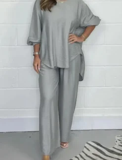 Best Women's Fashion Streetwear Daily Pants Sets Long Sleeve Crew Neck Solid Color Print Casual Daily Khaki Beige Gray Summer Regular Fit Women Two Piece Sets