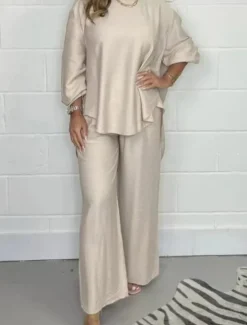 Best Women's Fashion Streetwear Daily Pants Sets Long Sleeve Crew Neck Solid Color Print Casual Daily Khaki Beige Gray Summer Regular Fit Women Two Piece Sets