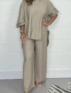Best Women's Fashion Streetwear Daily Pants Sets Long Sleeve Crew Neck Solid Color Print Casual Daily Khaki Beige Gray Summer Regular Fit Women Two Piece Sets