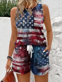 Best Women's Fashion Streetwear Daily Shorts Sets Sleeveless Round Neck Graphic Print Casual Daily Wine Red Navy Blue Summer Regular Fit Women Independence Day Top|Two Piece Sets