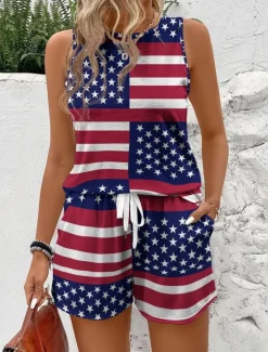 Best Women's Fashion Streetwear Daily Shorts Sets Sleeveless Round Neck Graphic Print Casual Daily Wine Red Navy Blue Summer Regular Fit Women Independence Day Top|Two Piece Sets
