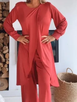 Best Women's Fashion Streetwear Daily Pants Sets Long Sleeve Crew Neck Solid Color Ruched Casual Daily Black White Red Spring Regular Fit Women Two Piece Sets