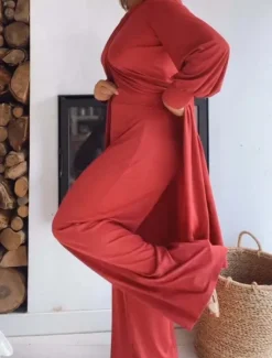 Best Women's Fashion Streetwear Daily Pants Sets Long Sleeve Crew Neck Solid Color Ruched Casual Daily Black White Red Spring Regular Fit Women Two Piece Sets