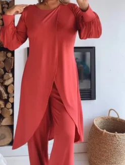 Best Women's Fashion Streetwear Daily Pants Sets Long Sleeve Crew Neck Solid Color Ruched Casual Daily Black White Red Spring Regular Fit Women Two Piece Sets