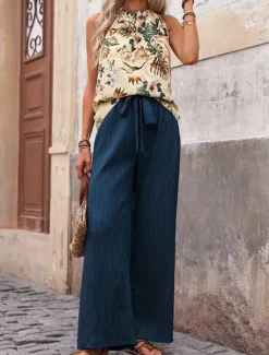 Online Women's Fashion Streetwear Daily Pants Sets Sleeveless Halter Neck Floral Print Casual Daily Navy Blue Royal Blue Blue Summer Regular Fit Women Two Piece Sets