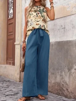 Online Women's Fashion Streetwear Daily Pants Sets Sleeveless Halter Neck Floral Print Casual Daily Navy Blue Royal Blue Blue Summer Regular Fit Women Two Piece Sets