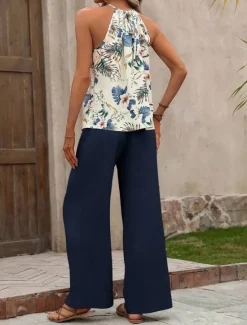 Online Women's Fashion Streetwear Daily Pants Sets Sleeveless Halter Neck Floral Print Casual Daily Navy Blue Royal Blue Blue Summer Regular Fit Women Two Piece Sets
