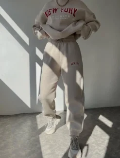 Women's Fashion Streetwear Daily Sweatshirt Sweatpants Long Sleeve Crew Neck Letter Print Casual Daily Blue Beige Gray Fall Regular Fit Women Two Piece Sets