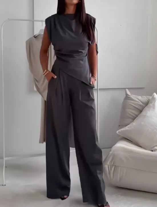Discount Women's Fashion Streetwear Daily Pants Sets Sleeveless Round Neck Solid Color Ruched Casual Daily Dark Grey Black White Spring Loose Fit Women Two Piece Sets