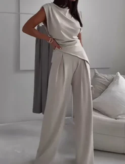 Discount Women's Fashion Streetwear Daily Pants Sets Sleeveless Round Neck Solid Color Ruched Casual Daily Dark Grey Black White Spring Loose Fit Women Two Piece Sets