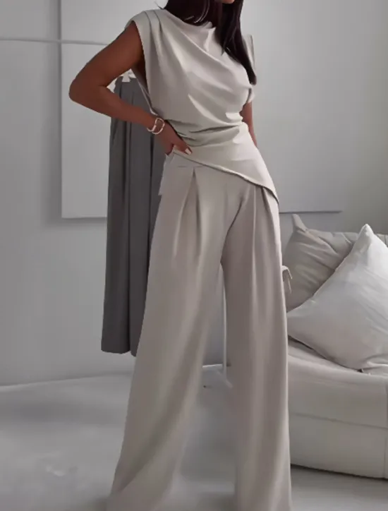 Discount Women's Fashion Streetwear Daily Pants Sets Sleeveless Round Neck Solid Color Ruched Casual Daily Dark Grey Black White Spring Loose Fit Women Two Piece Sets