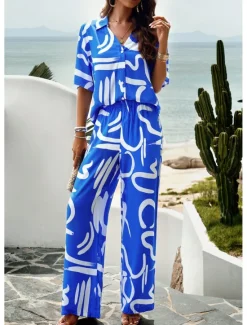 Outlet Women's Fashion Streetwear Daily Shirt Blouse Wide Leg Pants Half Sleeve Shirt Collar Graffiti Drawstring Print Casual Daily Blue Beige Spring & Fall Regular Fit Women Two Piece Sets