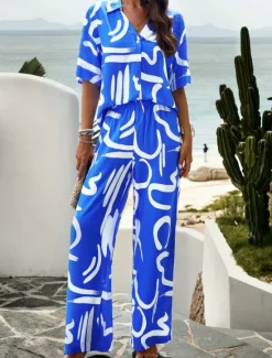 Outlet Women's Fashion Streetwear Daily Shirt Blouse Wide Leg Pants Half Sleeve Shirt Collar Graffiti Drawstring Print Casual Daily Blue Beige Spring & Fall Regular Fit Women Two Piece Sets