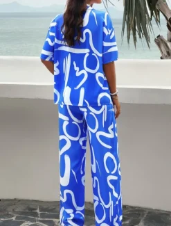 Outlet Women's Fashion Streetwear Daily Shirt Blouse Wide Leg Pants Half Sleeve Shirt Collar Graffiti Drawstring Print Casual Daily Blue Beige Spring & Fall Regular Fit Women Two Piece Sets