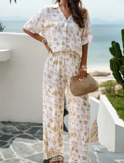 Outlet Women's Fashion Streetwear Daily Shirt Blouse Wide Leg Pants Half Sleeve Shirt Collar Graffiti Drawstring Print Casual Daily Blue Beige Spring & Fall Regular Fit Women Two Piece Sets