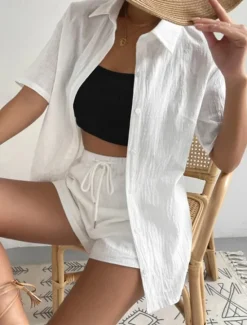 Discount Women's Fashion Streetwear Shirt Linen-Inspired Sets Two Piece Sets Below Knee Length Shorts Short Sleeve Shirt Collar Solid Color Drawstring Daily Wear Date White Green Khaki Summer Regular Fit Women Sets