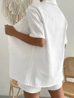 Discount Women's Fashion Streetwear Shirt Linen-Inspired Sets Two Piece Sets Below Knee Length Shorts Short Sleeve Shirt Collar Solid Color Drawstring Daily Wear Date White Green Khaki Summer Regular Fit Women Sets