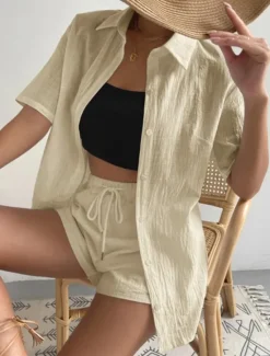 Discount Women's Fashion Streetwear Shirt Linen-Inspired Sets Two Piece Sets Below Knee Length Shorts Short Sleeve Shirt Collar Solid Color Drawstring Daily Wear Date White Green Khaki Summer Regular Fit Women Sets