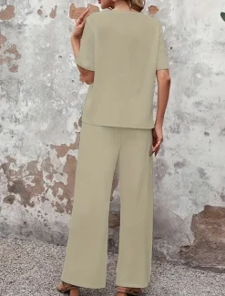 Outlet Women's Fashion Streetwear Daily T Shirt Wide Leg Pants Half Sleeve Crew Neck Plain Casual Daily Spring & Fall Regular Fit Women Two Piece Sets