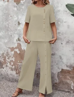 Outlet Women's Fashion Streetwear Daily T Shirt Wide Leg Pants Half Sleeve Crew Neck Plain Casual Daily Spring & Fall Regular Fit Women Two Piece Sets