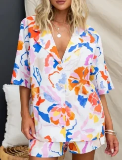 Women's Fashion Streetwear Daily Shirt Blouse Baggy Shorts 3/4 Length Sleeve Shirt Collar Floral Color Block Print Casual Daily Pink Blue Green Spring & Fall Regular Fit Women Two Piece Sets