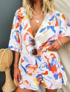 Women's Fashion Streetwear Daily Shirt Blouse Baggy Shorts 3/4 Length Sleeve Shirt Collar Floral Color Block Print Casual Daily Pink Blue Green Spring & Fall Regular Fit Women Two Piece Sets