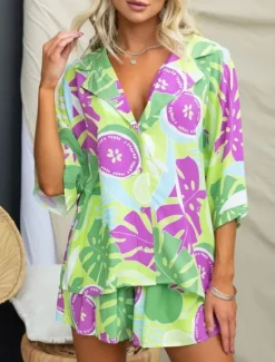 Women's Fashion Streetwear Daily Shirt Blouse Baggy Shorts 3/4 Length Sleeve Shirt Collar Floral Color Block Print Casual Daily Pink Blue Green Spring & Fall Regular Fit Women Two Piece Sets