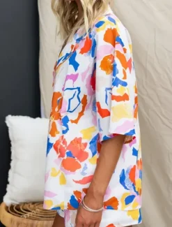 Women's Fashion Streetwear Daily Shirt Blouse Baggy Shorts 3/4 Length Sleeve Shirt Collar Floral Color Block Print Casual Daily Pink Blue Green Spring & Fall Regular Fit Women Two Piece Sets