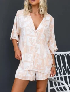 Women's Fashion Streetwear Daily Shirt Blouse Baggy Shorts 3/4 Length Sleeve Shirt Collar Floral Color Block Print Casual Daily Pink Blue Green Spring & Fall Regular Fit Women Two Piece Sets