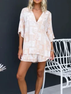 Women's Fashion Streetwear Daily Shirt Blouse Baggy Shorts 3/4 Length Sleeve Shirt Collar Floral Color Block Print Casual Daily Pink Blue Green Spring & Fall Regular Fit Women Two Piece Sets