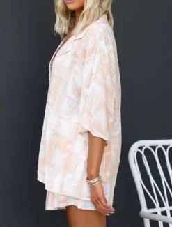 Women's Fashion Streetwear Daily Shirt Blouse Baggy Shorts 3/4 Length Sleeve Shirt Collar Floral Color Block Print Casual Daily Pink Blue Green Spring & Fall Regular Fit Women Two Piece Sets