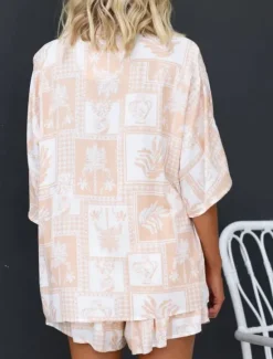 Women's Fashion Streetwear Daily Shirt Blouse Baggy Shorts 3/4 Length Sleeve Shirt Collar Floral Color Block Print Casual Daily Pink Blue Green Spring & Fall Regular Fit Women Two Piece Sets