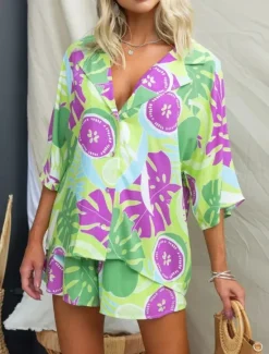 Women's Fashion Streetwear Daily Shirt Blouse Baggy Shorts 3/4 Length Sleeve Shirt Collar Floral Color Block Print Casual Daily Pink Blue Green Spring & Fall Regular Fit Women Two Piece Sets