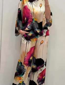Discount Women's Fashion Streetwear Daily Shirt Blouse Wide Leg Pants Long Sleeve Crew Neck Floral Print Casual Daily Black Orange Green Spring & Fall Regular Fit Women Two Piece Sets|Spring Tops