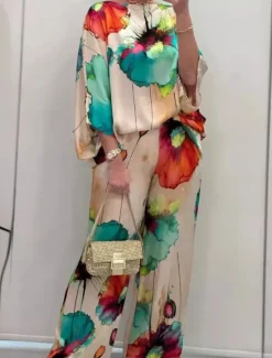 Discount Women's Fashion Streetwear Daily Shirt Blouse Wide Leg Pants Long Sleeve Crew Neck Floral Print Casual Daily Black Orange Green Spring & Fall Regular Fit Women Two Piece Sets|Spring Tops