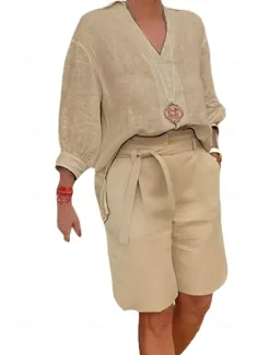Sale Women's Fashion Streetwear Shirt Cotton Linen Sets Two Piece Sets Beach Shorts Short Sleeve V Neck Solid Color Drawstring Daily Wear Date Blue Khaki Gray Summer Regular Fit Women Sets