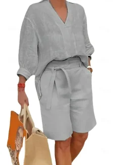 Sale Women's Fashion Streetwear Shirt Cotton Linen Sets Two Piece Sets Beach Shorts Short Sleeve V Neck Solid Color Drawstring Daily Wear Date Blue Khaki Gray Summer Regular Fit Women Sets