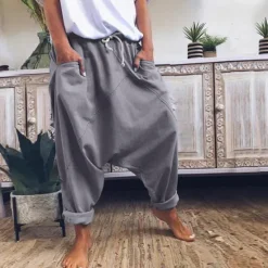 Outlet Women's Fashion Streetwear Chinos Harem Pants Side Pockets Baggy Elastic Drawstring Design Full Length Pants Casual Weekend Micro-elastic Plain Linen / Cotton Blend Comfort Mid Waist Loose Blue Gray Women Pants