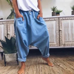 Outlet Women's Fashion Streetwear Chinos Harem Pants Side Pockets Baggy Elastic Drawstring Design Full Length Pants Casual Weekend Micro-elastic Plain Linen / Cotton Blend Comfort Mid Waist Loose Blue Gray Women Pants
