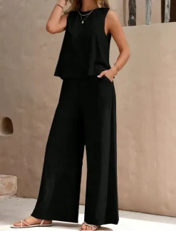 Hot Women's Fashion Streetwear Daily Shirt Linen-Inspired Sets Two Piece Sets Wide Leg Pants Sleeveless Crew Neck Plain Casual Daily Black Yellow Army Green Summer Regular Fit Women Sets