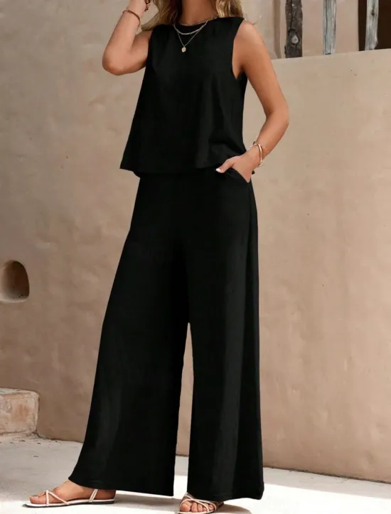 Hot Women's Fashion Streetwear Daily Shirt Linen-Inspired Sets Two Piece Sets Wide Leg Pants Sleeveless Crew Neck Plain Casual Daily Black Yellow Army Green Summer Regular Fit Women Sets