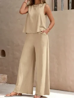 Hot Women's Fashion Streetwear Daily Shirt Linen-Inspired Sets Two Piece Sets Wide Leg Pants Sleeveless Crew Neck Plain Casual Daily Black Yellow Army Green Summer Regular Fit Women Sets