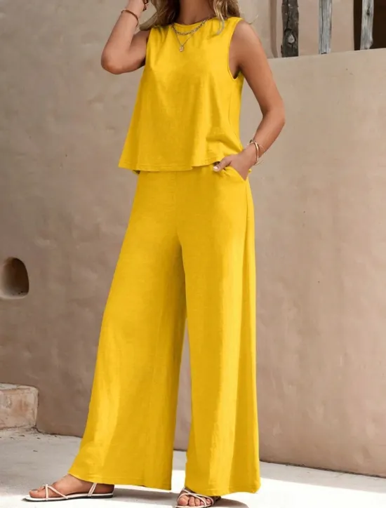 Hot Women's Fashion Streetwear Daily Shirt Linen-Inspired Sets Two Piece Sets Wide Leg Pants Sleeveless Crew Neck Plain Casual Daily Black Yellow Army Green Summer Regular Fit Women Sets