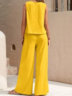 Hot Women's Fashion Streetwear Daily Shirt Linen-Inspired Sets Two Piece Sets Wide Leg Pants Sleeveless Crew Neck Plain Casual Daily Black Yellow Army Green Summer Regular Fit Women Sets
