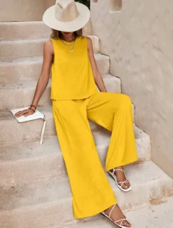 Hot Women's Fashion Streetwear Daily Shirt Linen-Inspired Sets Two Piece Sets Wide Leg Pants Sleeveless Crew Neck Plain Casual Daily Black Yellow Army Green Summer Regular Fit Women Sets