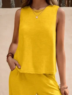 Hot Women's Fashion Streetwear Daily Shirt Linen-Inspired Sets Two Piece Sets Wide Leg Pants Sleeveless Crew Neck Plain Casual Daily Black Yellow Army Green Summer Regular Fit Women Sets